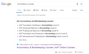 College or University Courses snippet in Google