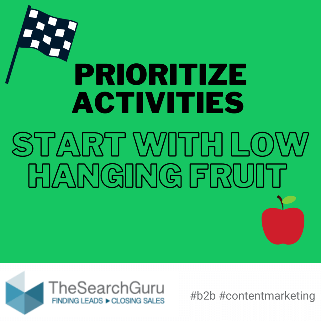 Prioritize activities, starting with low-hanging fruit. Improve existing content not yet ranking well enough.